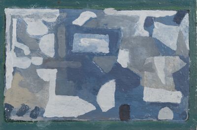 painting of a blue and white abstract painting on a green frame
