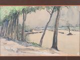 une photo d'un tableau représentant une plage avec des arbres