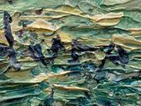 a painting of a group of birds flying over a body of water