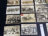 several old black and white photos of a group of people on a table