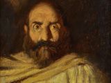 une peinture à l'huile représentant un homme barbu vêtu d'une robe blanche