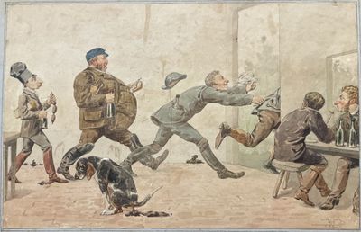 un tableau représentant un groupe d'hommes jouant avec un chien