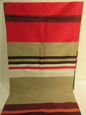 an image of a chair with a red, brown, and black striped seat