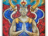 a painting of a man in a blue and red outfit with two birds on his head