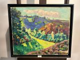 une peinture à l'huile représentant un paysage de montagne traversé par une route