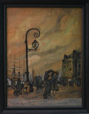 peinture d'une scène de rue avec des personnes marchant dans la rue