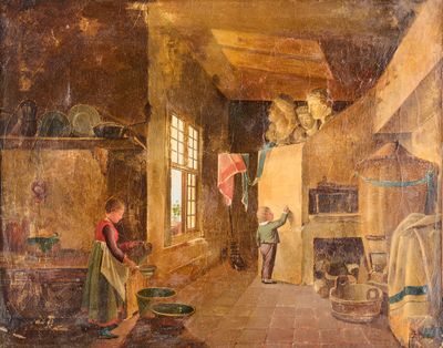 tableau représentant une femme et un enfant dans une cuisine, avec des casseroles et des poêles