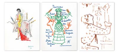 quatre dessins de couleurs différentes représentant une femme et un homme à cheval