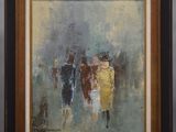 une peinture à l'huile représentant un groupe de personnes marchant dans une rue