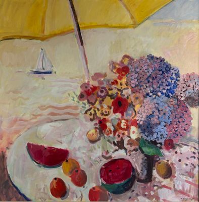 une peinture représentant des fleurs et des fruits sur une assiette, avec un parapluie