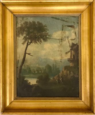 une peinture à l'huile représentant un paysage avec un moulin à vent et une rivière