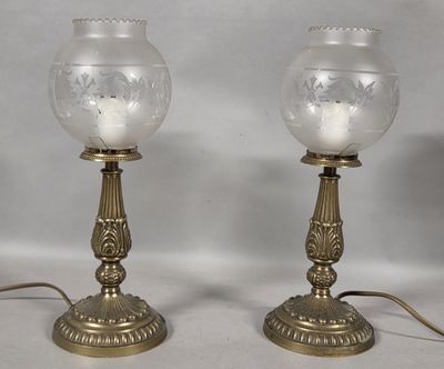 pair of antique brass table lamps with etched glass globe shades
