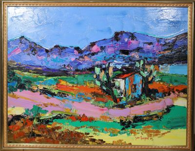 une peinture à l'huile représentant une maison dans un champ, avec des montagnes en arrière-plan
