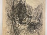 dessin représentant un vieil homme assis sur une chaise, une canne à la main