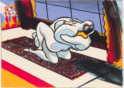 painting of a polar bear sitting on a rug in front of a window