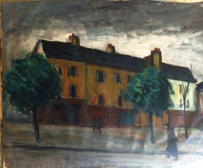 une peinture représentant une scène de rue avec des bâtiments en arrière-plan