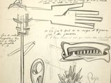 drawing of various objects on a piece of paper on a table