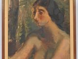 an oil painting of a woman sitting in front of a window