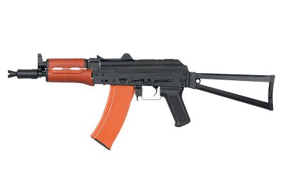 a toy ak - 74 rifle with an orange and black body