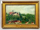 an image of a painting of a village in a gold frame