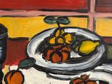 une peinture représentant une coupe de fruits sur une table