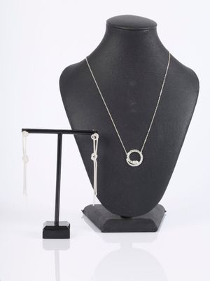 necklace and earrings on a mannequin stand with a white background