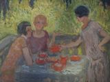 painting of a group of people sitting around a table with food on it