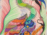 un tableau représentant un oiseau avec des plumes colorées sur la tête
