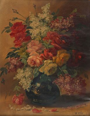 peinture représentant des fleurs dans un vase bleu posé sur une table