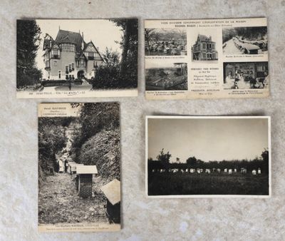 plusieurs vieilles photos en noir et blanc représentant une maison et un panneau