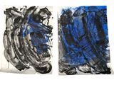 two paintings of blue and black on a white background