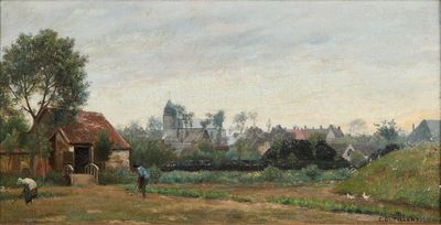 tableau représentant une scène de vie à la ferme, avec un homme et un chien au premier plan et un village à l'arrière-plan