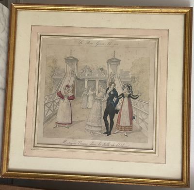 tableau représentant un homme et une femme en tenue de cérémonie, debout devant un bâtiment