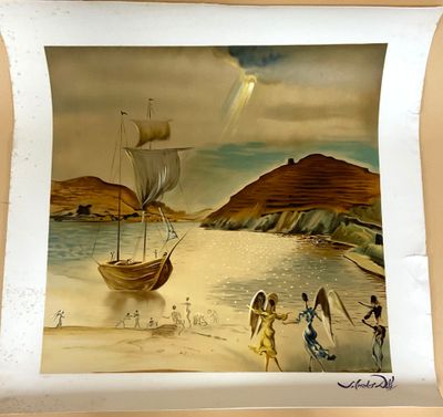 une image d'un tableau représentant un bateau sur l'eau