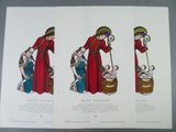 three cards with a picture of a woman holding a baby in a manger and a manger