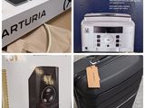 several different pictures of a suitcase, a radio, and a speaker