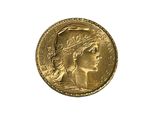a close up of a gold coin on a white background