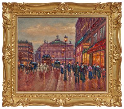 an oil painting of a city street scene with people walking down the street