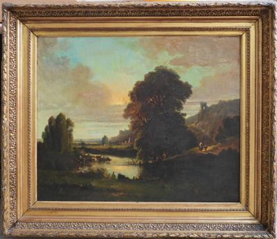 une peinture à l'huile représentant un paysage avec une rivière et un château au loin