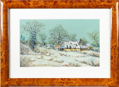 une photo d'un tableau représentant une maison sous la neige
