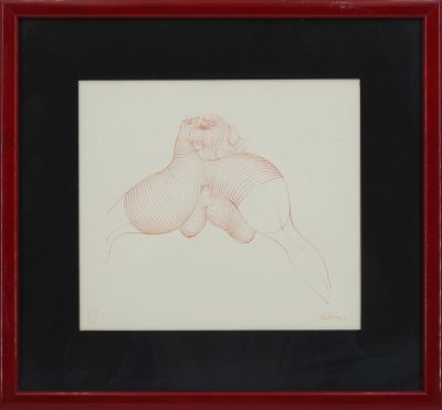 an image of a drawing of a nude woman in a red frame