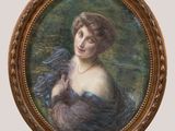 painting of a woman in a blue dress holding a fan