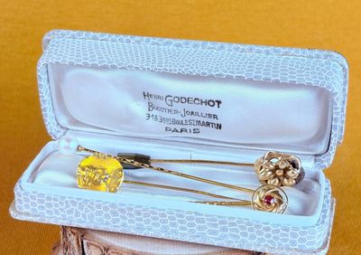 a small box with a pair of brooches in it