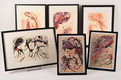 six framed art pieces of different colors and sizes on a white surface