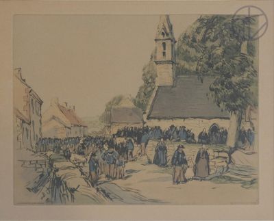 tableau représentant une scène de village avec une église et une foule de gens