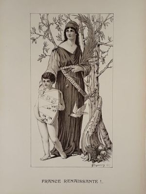 an old picture of a woman and a child in front of a tree
