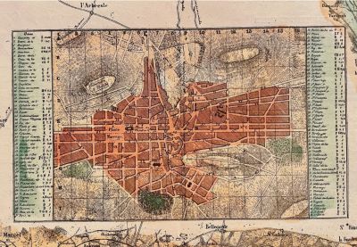 an old map of a city with a lot of buildings on it