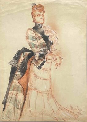 un dessin représentant une femme en robe, portant une veste à carreaux