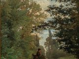 an image of a painting of a man riding a horse in a wooded area