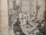 an old book with a drawing of a group of people in a room